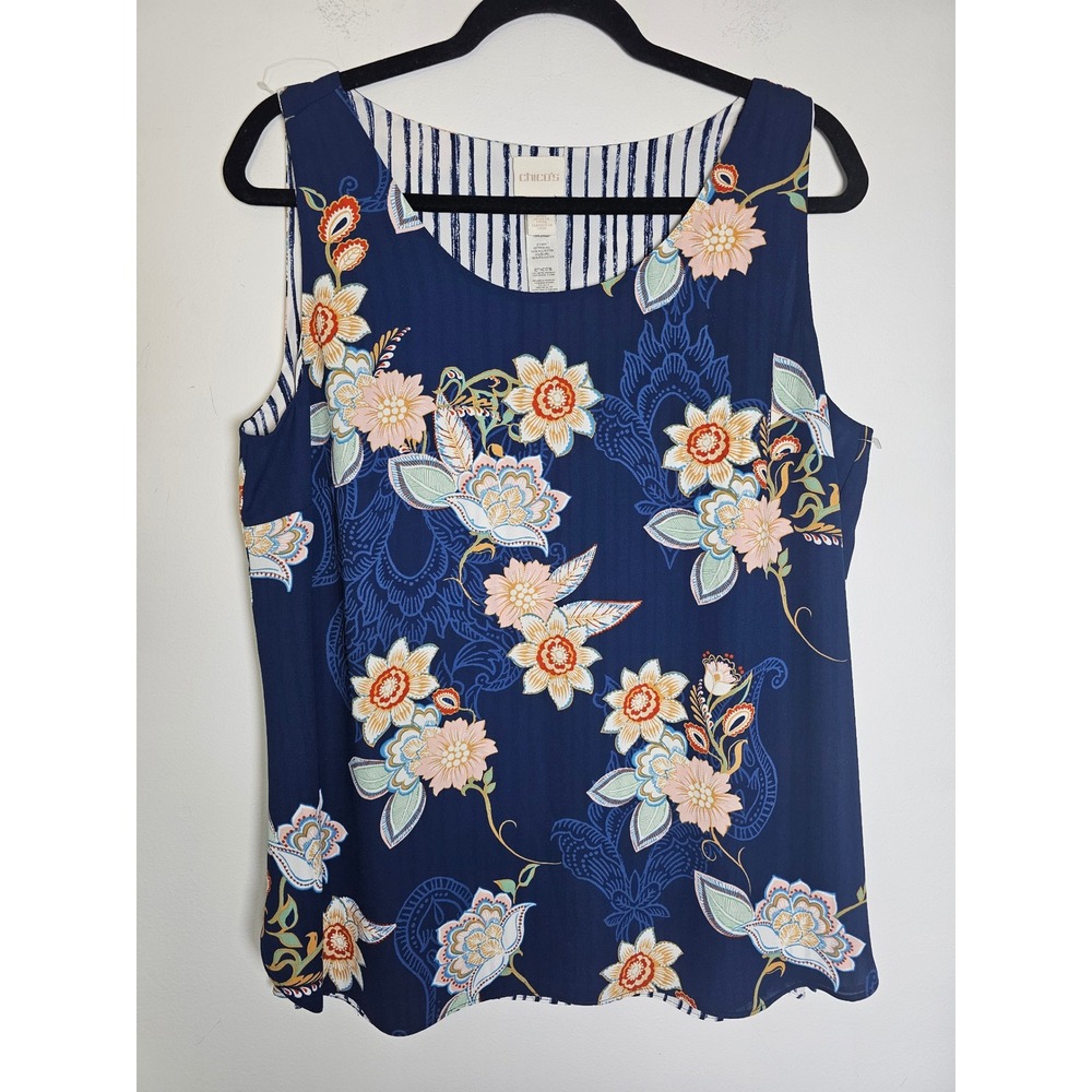 Boho Chico's Reversible Tank Top Womens 2 L Navy Blue Floral Striped Sleeveless